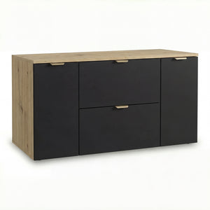 Waschtischunterschrank Orio 120 cm mit 2 Türen, 2 Schubladen und passender Arbeitsplatte, goldfarbene Metallgriffe, glatte Fronten, modernes Design aus 18-mm laminierter Spanplatte, ideal für Badezimmer.