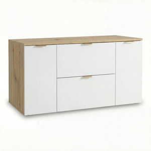 Waschtischunterschrank Orio 120 cm mit 2 Türen, 2 Schubladen und passender Arbeitsplatte, goldfarbene Metallgriffe, glatte Fronten, modernes Design aus 18-mm laminierter Spanplatte, ideal für Badezimmer