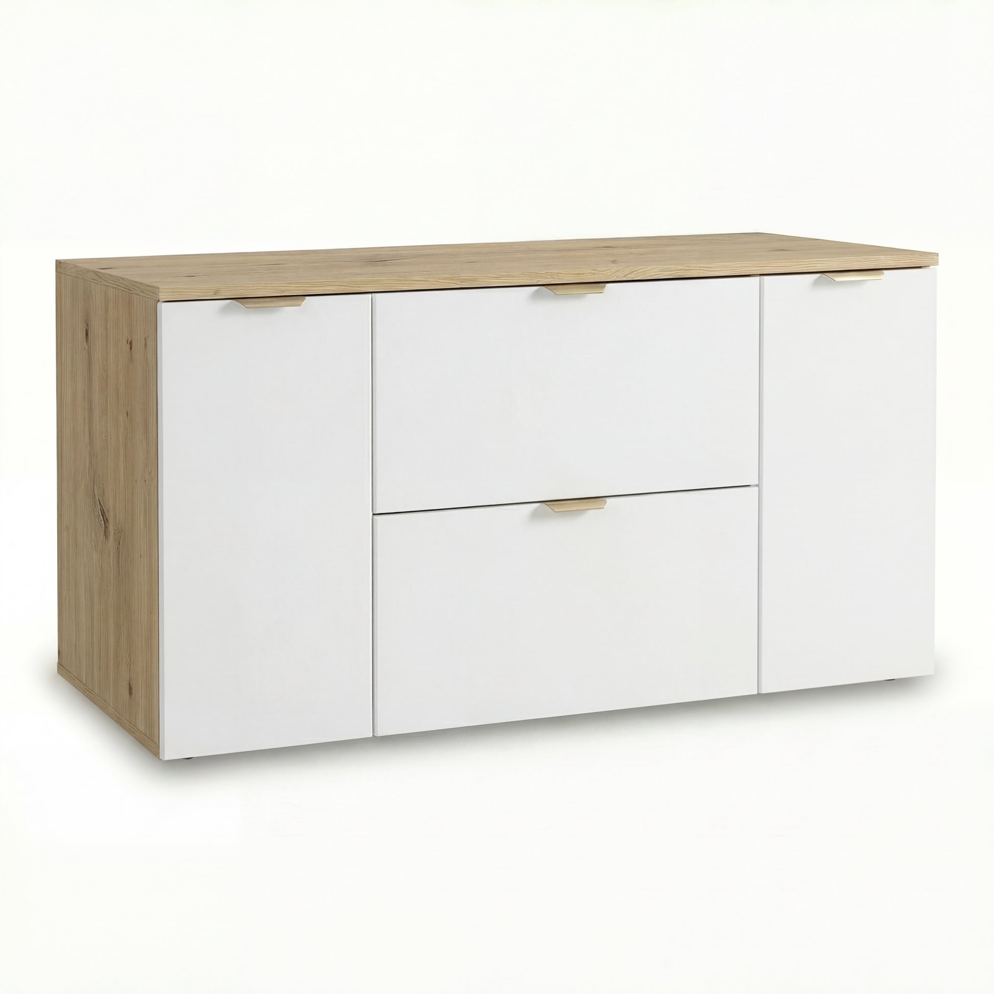 Waschtischunterschrank Orio 120 cm mit 2 Türen, 2 Schubladen und passender Arbeitsplatte, goldfarbene Metallgriffe, glatte Fronten, modernes Design aus 18-mm laminierter Spanplatte, ideal für Badezimmer