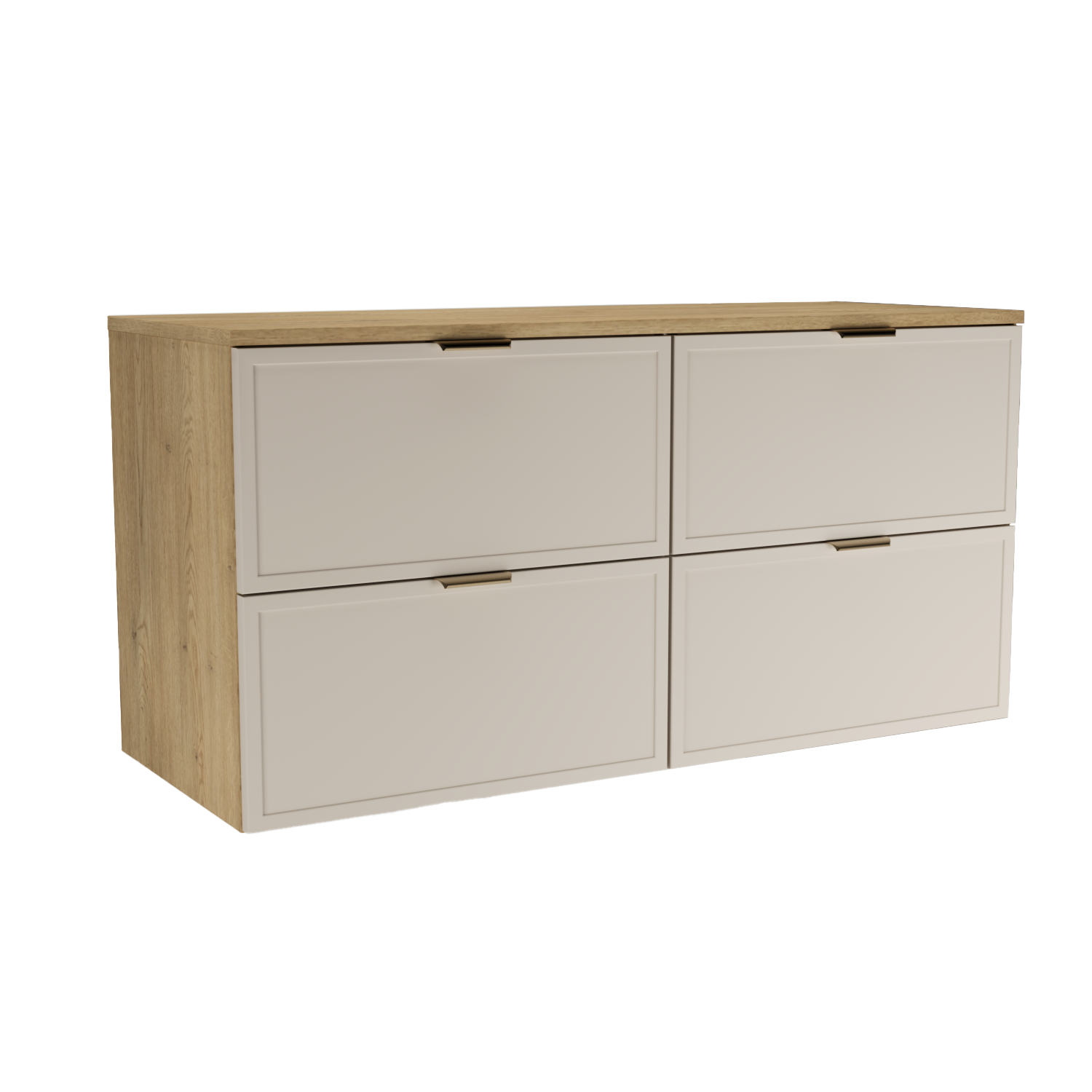 Waschtischunterschrank 120 cm Roma in Kaschmir/Eiche Cremona mit 4 Schubladen und Soft-Close. Modernes Design mit warmem Holzkontrast.