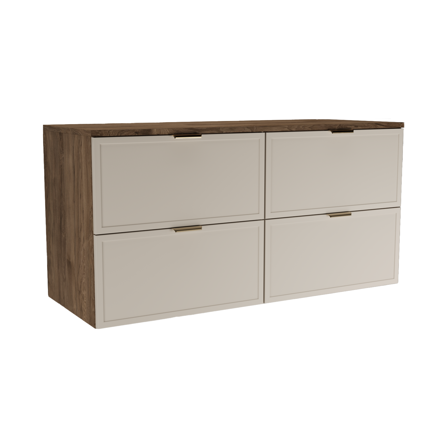 Waschtischunterschrank 120 cm Roma in Kaschmir / Walnuss Dunkel mit 4 Schubladen und Soft-Close. Stilvoller Holzkontrast fürs Badezimmer.
