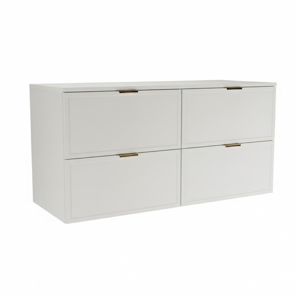 Waschtischunterschrank 120 cm Roma in Weiß mit 4 Schubladen, Soft-Close und Siphonausschnitt. Ideal für Doppelwaschbecken im Badezimmer.