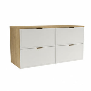 120 cm Waschtischunterschrank Roma in Weiß und Eiche Cremona mit 4 Soft-Close-Schubladen, zwei 60 cm Modulen und Möglichkeit für Doppelwaschbecken im Badezimmer.