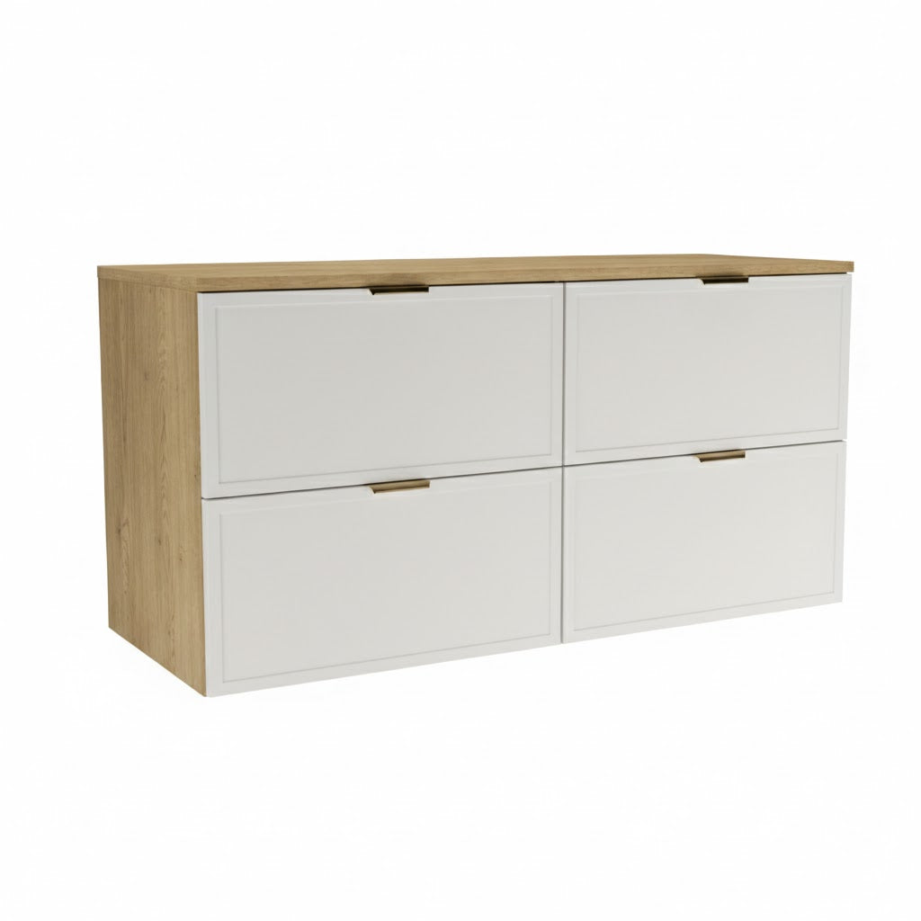 120 cm Waschtischunterschrank Roma in Weiß und Eiche Cremona mit 4 Soft-Close-Schubladen, zwei 60 cm Modulen und Möglichkeit für Doppelwaschbecken im Badezimmer.