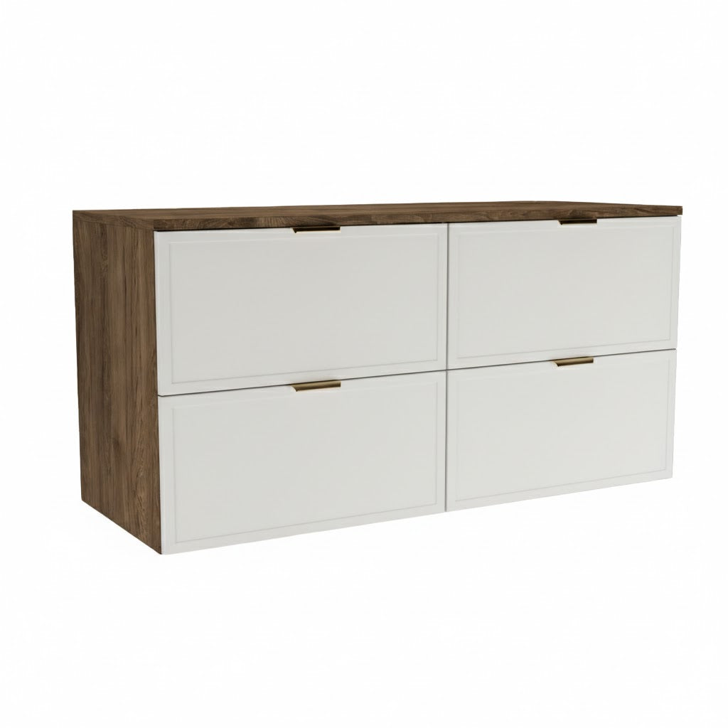 120 cm Waschtischunterschrank Roma in Weiß und Walnuss Dunkel mit 4 Soft-Close-Schubladen, zwei 60 cm Modulen und Siphonausschnitt für Doppelwaschbecken im Badezimmer.