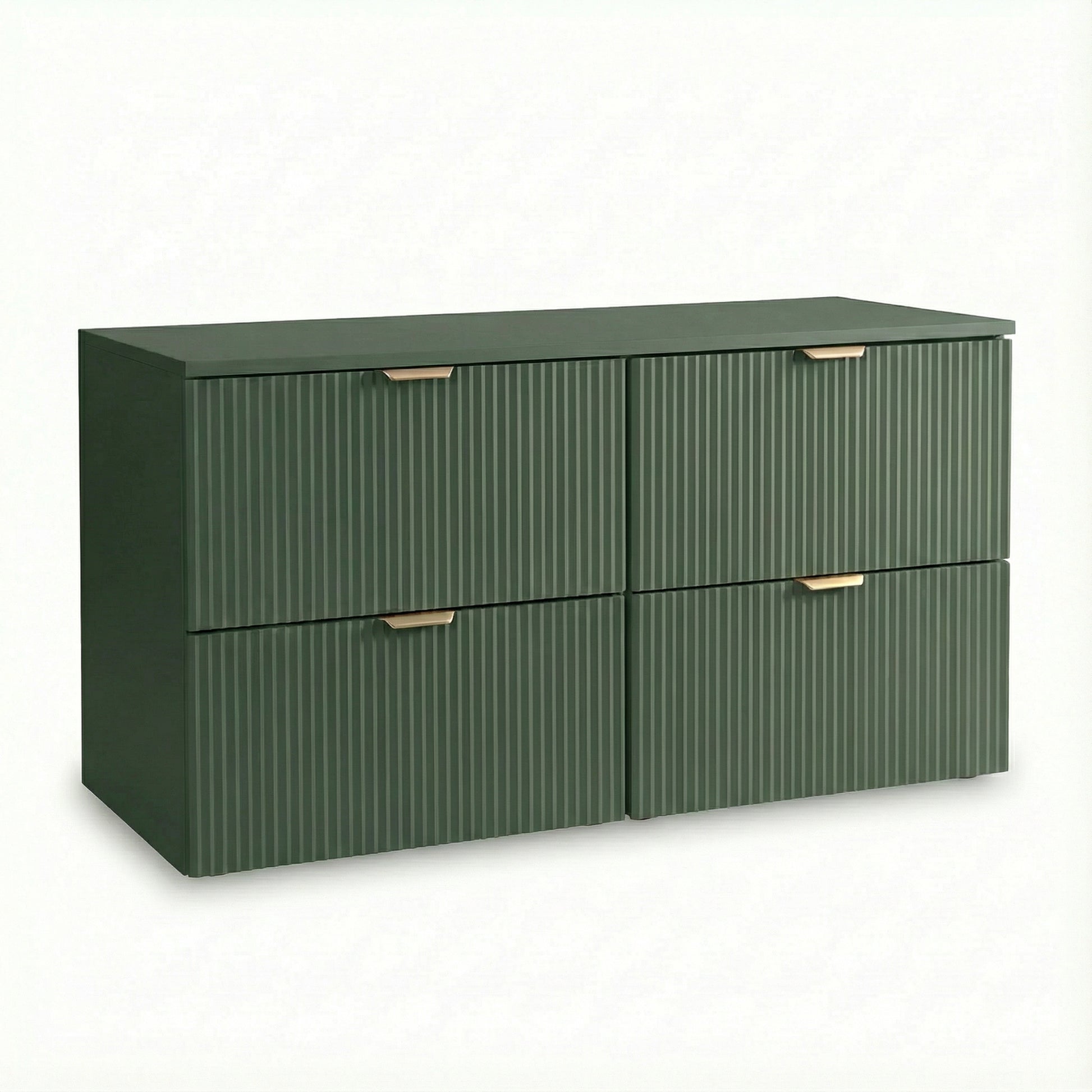 Waschtischunterschrank 120 cm Willy Salbei – 4 SOFT-CLOSE-Schubladen, obere Schublade mit Syphonausschnitt, geriffelte Fronten für funktionales Badezimmer