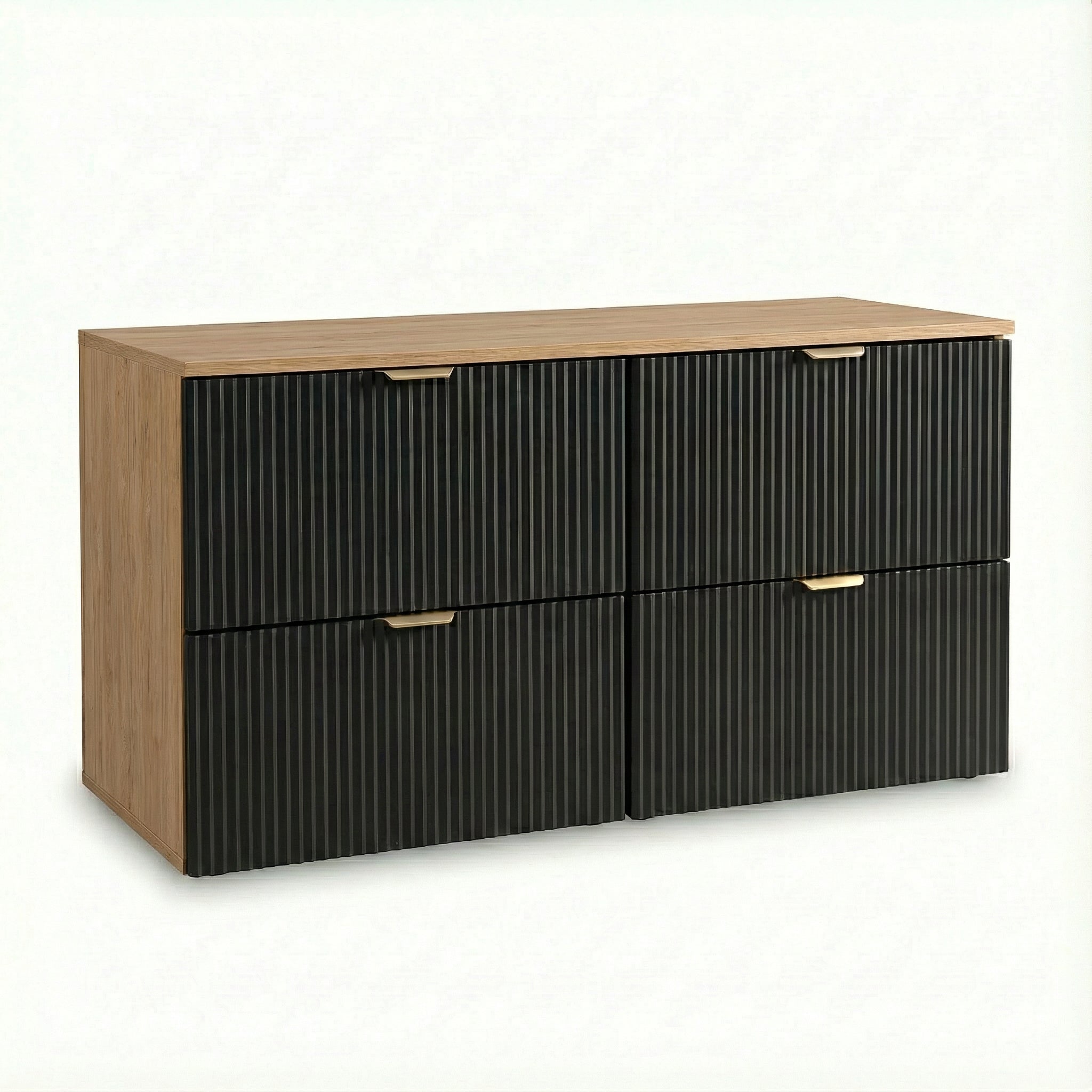 Waschtischunterschrank 120 cm Willy Schwarz/Walnuss mit 4 geriffelten Schubladen SOFT-CLOSE und Syphonausschnitt, modernes Badezimmermöbel mit viel Stauraum