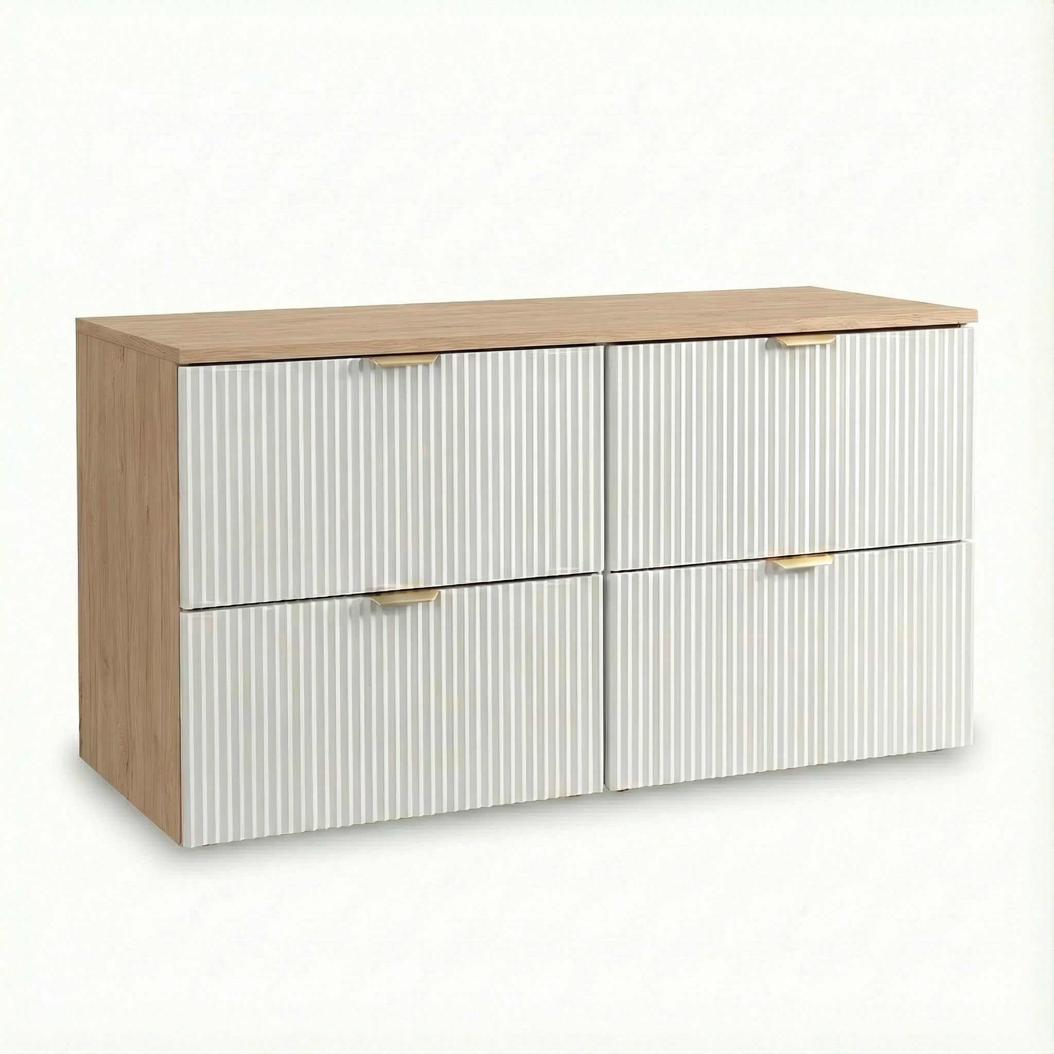 Waschtischunterschrank 120 cm Willy Weiß/Walnuss mit 4 Schubladen SOFT-CLOSE, Syphonausschnitt und geriffelten Fronten – stilvolles Badezimmermöbel mit viel Stauraum