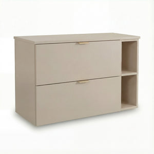 Waschtischunterschrank 100 cm Orio in Kaschmir mit Regal, 2 Soft-Close-Schubladen, geraden Fronten und goldenen Metallgriffen