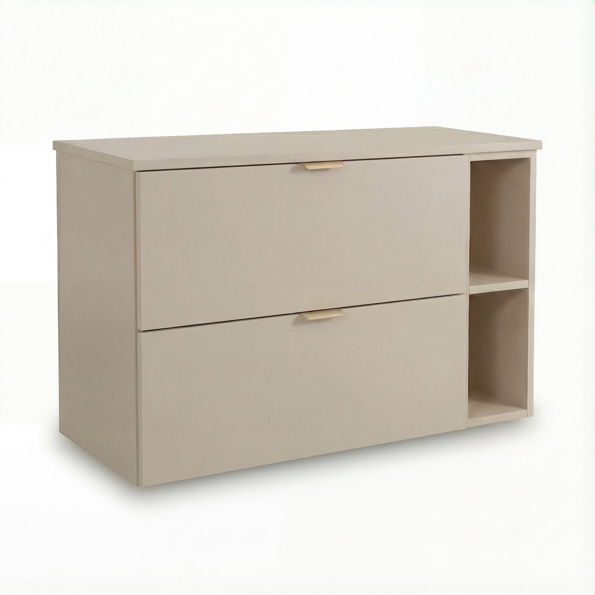 Waschtischunterschrank 100 cm Orio in Kaschmir mit Regal, 2 Soft-Close-Schubladen, geraden Fronten und goldenen Metallgriffen