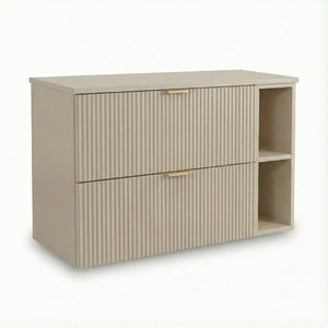 Waschtischunterschrank 100 cm Willy Kaschmir mit Regal, Walnuss-Oberplatte und geriffelten Fronten – Bad-Unterschrank mit 2 SOFT-CLOSE-Schubladen für Badezimmer Stauraum