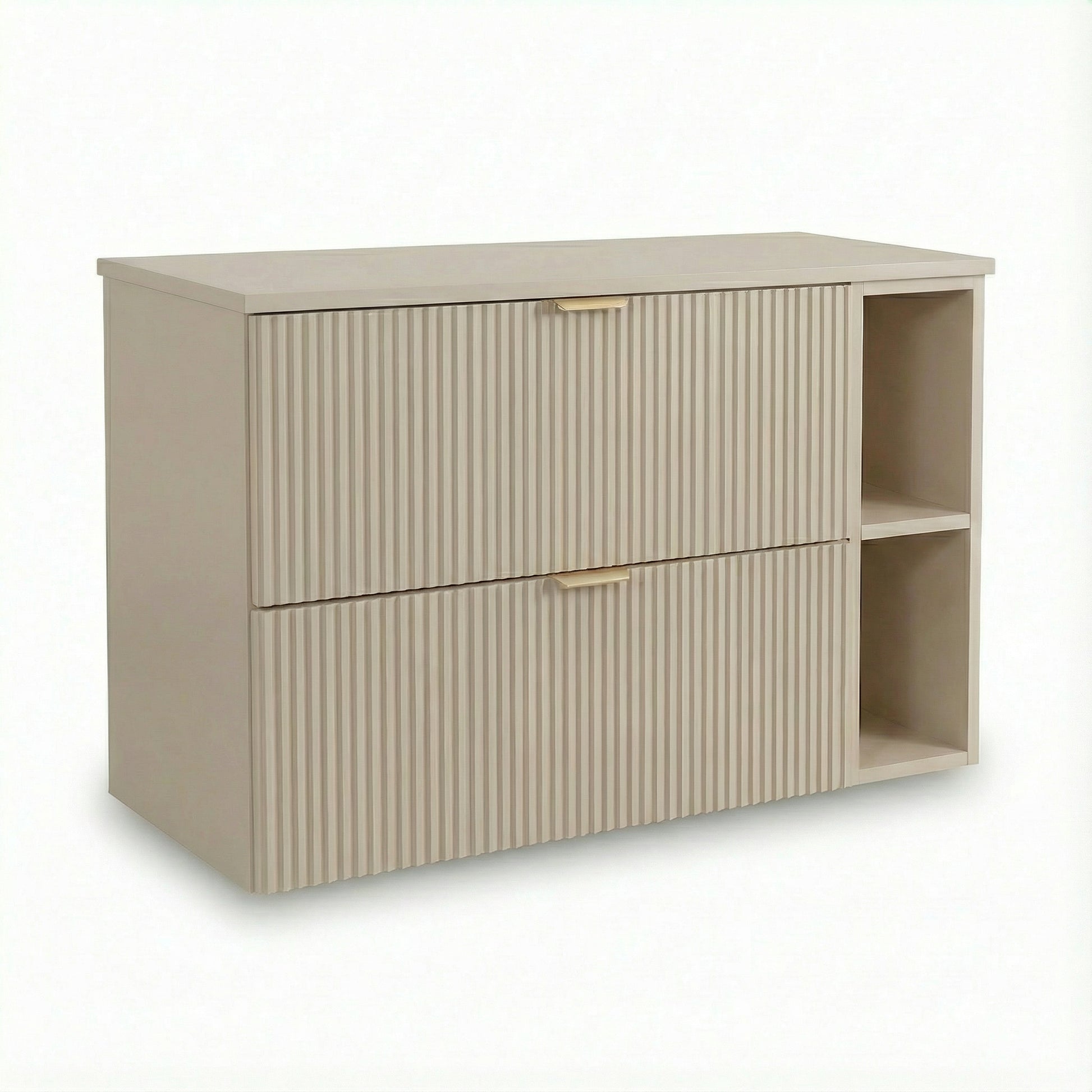 Waschtischunterschrank 100 cm Willy Kaschmir mit Regal, Walnuss-Oberplatte und geriffelten Fronten – Bad-Unterschrank mit 2 SOFT-CLOSE-Schubladen für Badezimmer Stauraum