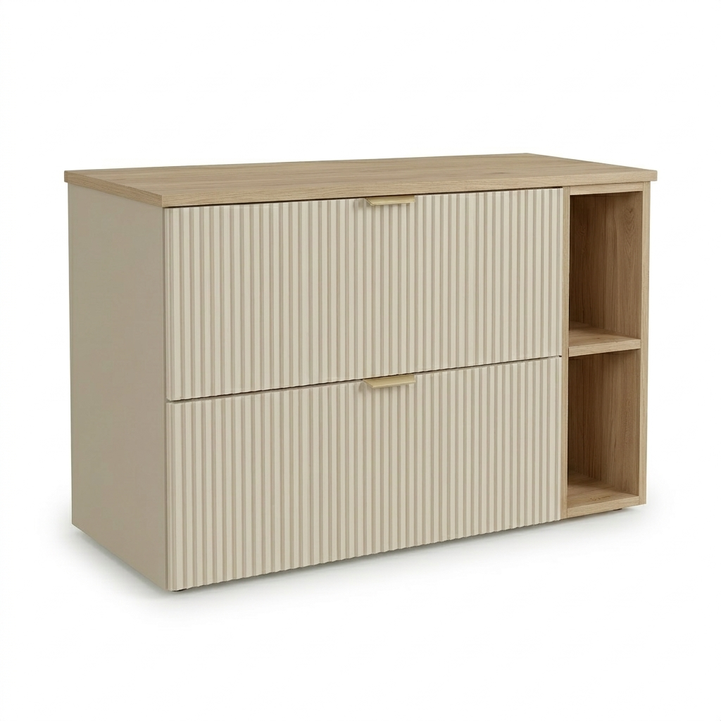Waschtischunterschrank 100 cm Willy Kaschmir Walnussplatte mit Regal – moderner Bad-Unterschrank für Badezimmer Stauraum.