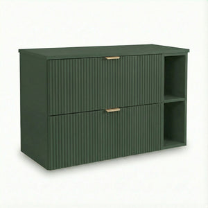 Waschtischunterschrank 100 cm Willy Salbei mit Regal, Oberplatte und geriffelten Fronten – Bad-Unterschrank mit 2 SOFT-CLOSE-Schubladen für Badezimmer Stauraum
