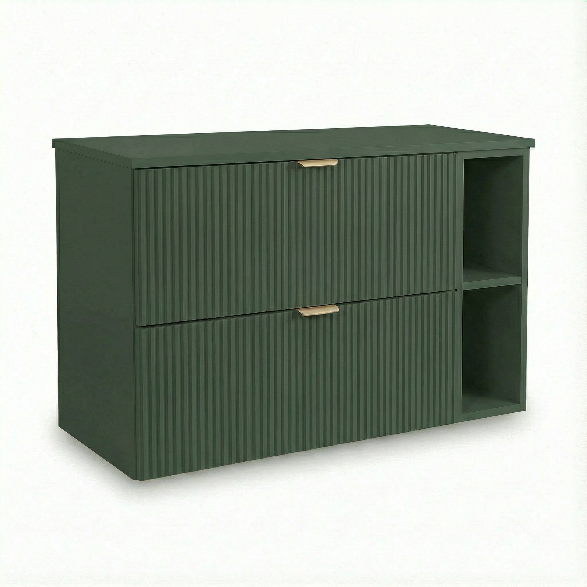 Waschtischunterschrank 100 cm Willy Salbei mit Regal, Oberplatte und geriffelten Fronten – Bad-Unterschrank mit 2 SOFT-CLOSE-Schubladen für Badezimmer Stauraum