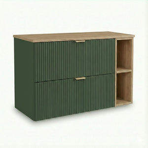 Moderner Waschtischunterschrank 100 cm Willy in Salbei mit Walnuss-Regal und Oberplatte – geriffelte Fronten und 2 SOFT-CLOSE-Schubladen für geordnetes Badezimmer
