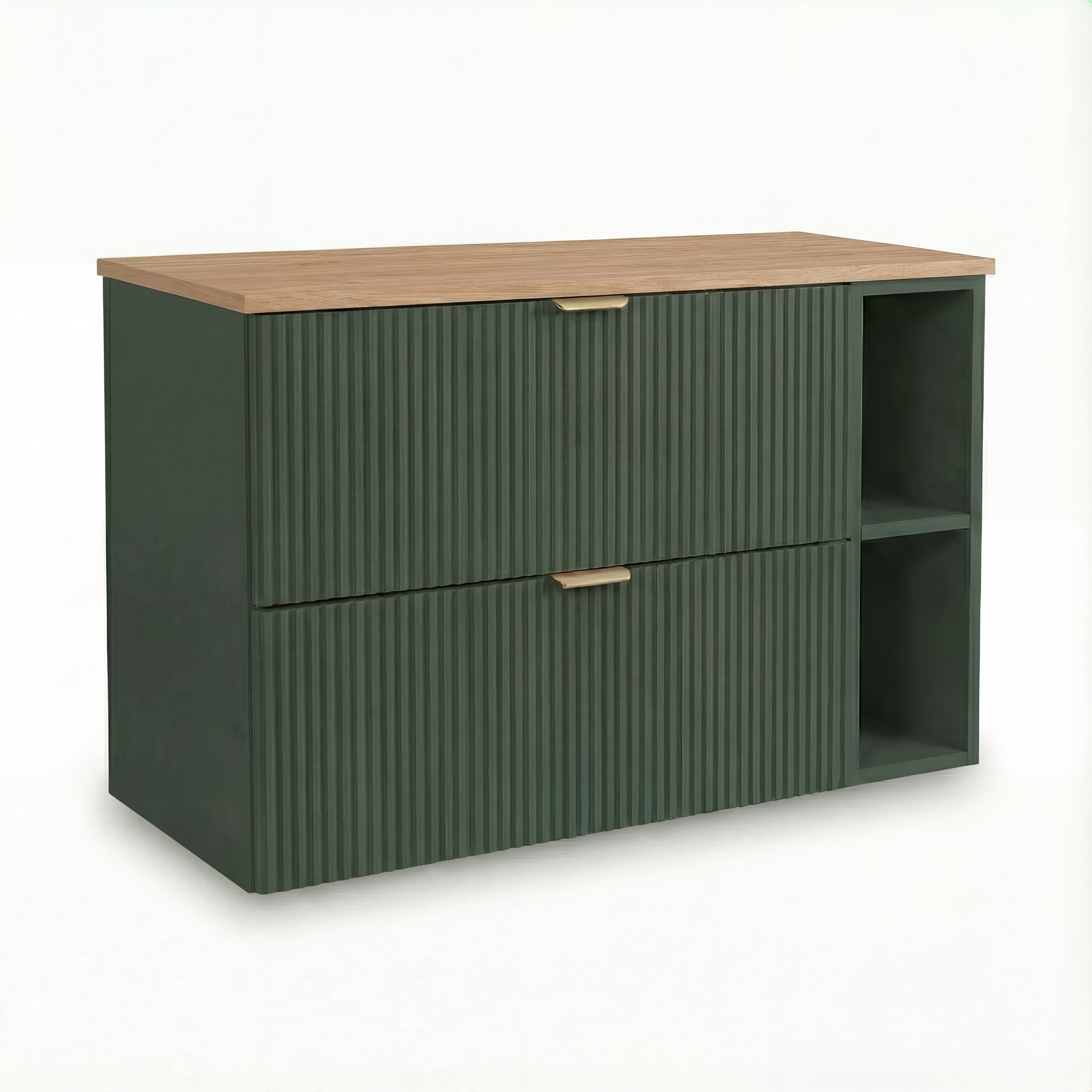 Waschtischunterschrank 100 cm Willy Salbei mit Regal, Walnuss-Oberplatte und geriffelten Fronten – Bad-Unterschrank mit 2 SOFT-CLOSE-Schubladen für Badezimmer Stauraum