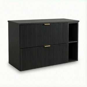 Moderner Waschtischunterschrank 100 cm Willy Schwarz mit Regal, Walnuss-Oberplatte und geriffelten Fronten – 2 SOFT-CLOSE-Schubladen für Badezimmer Stauraum und Ordnung