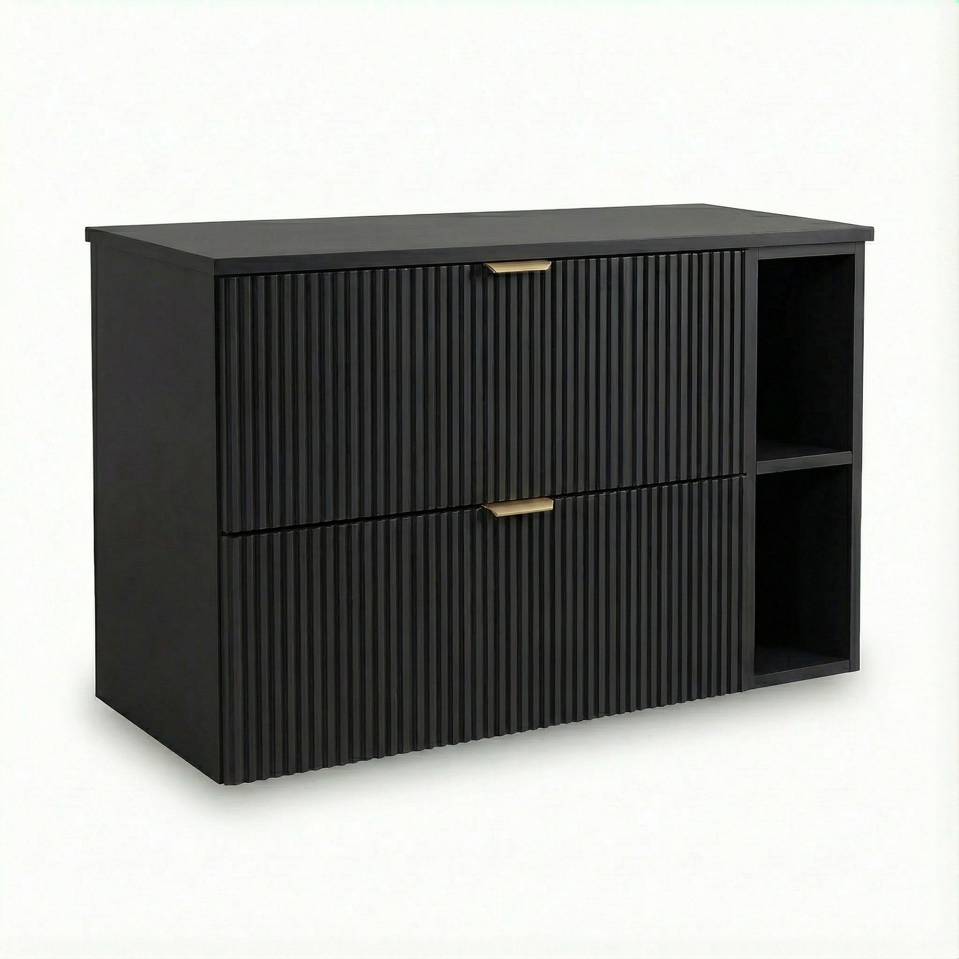 Moderner Waschtischunterschrank 100 cm Willy Schwarz mit Regal, Walnuss-Oberplatte und geriffelten Fronten – 2 SOFT-CLOSE-Schubladen für Badezimmer Stauraum und Ordnung