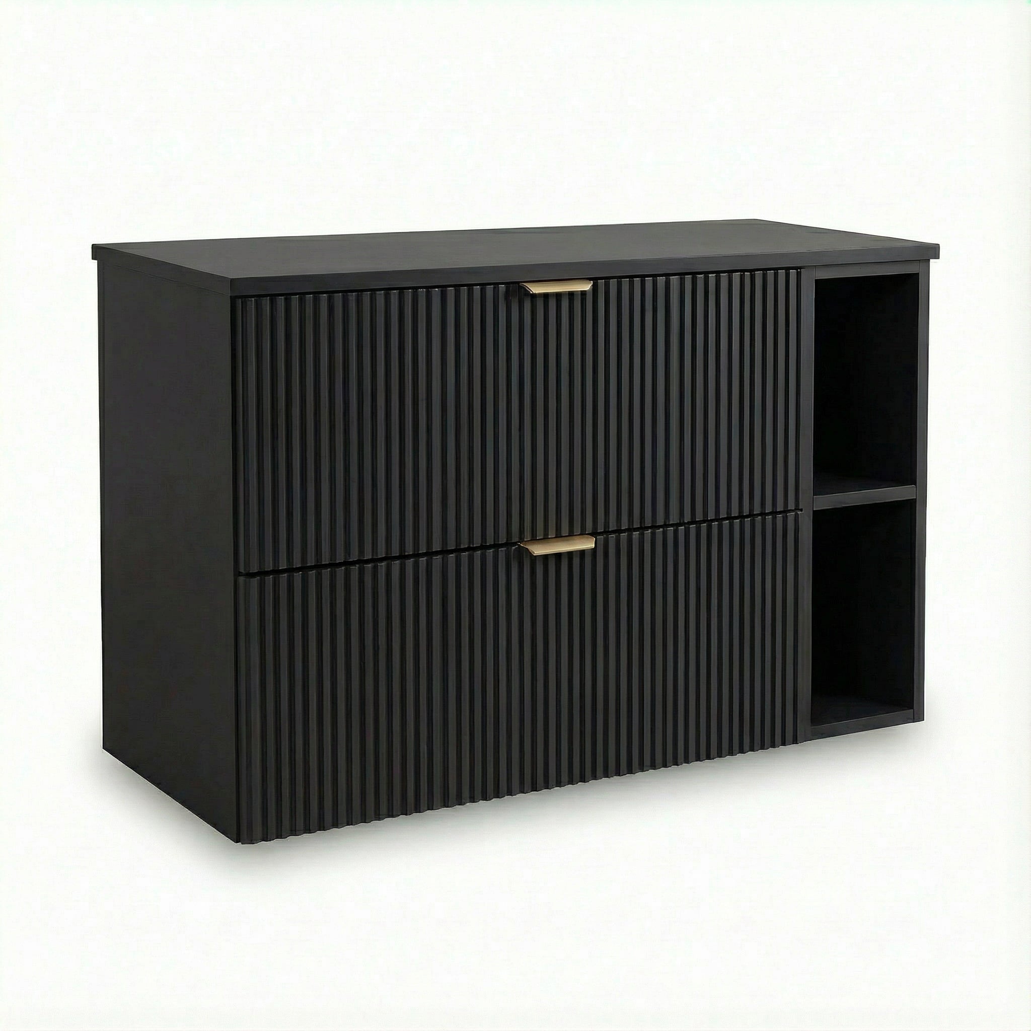Moderner Waschtischunterschrank 100 cm Willy Schwarz mit Regal, Walnuss-Oberplatte und geriffelten Fronten – 2 SOFT-CLOSE-Schubladen für Badezimmer Stauraum und Ordnung