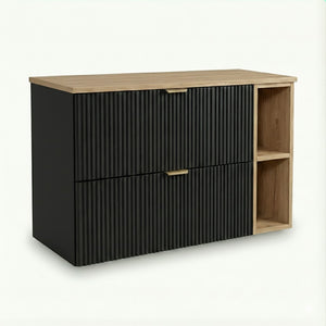 Waschtischunterschrank 100 cm Willy Schwarz mit Regal und Walnuss-Oberplatte – geriffelte Fronten, 2 SOFT-CLOSE-Schubladen und Stauraum für Badezimmeraccessoires