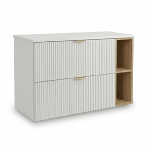 Waschtischunterschrank 100 cm Willy Weiß/Walnuss Regal mit geriffelten Fronten, 2 SOFT-CLOSE-Schubladen und Oberplatte – funktionaler Stauraum für Badezimmer
