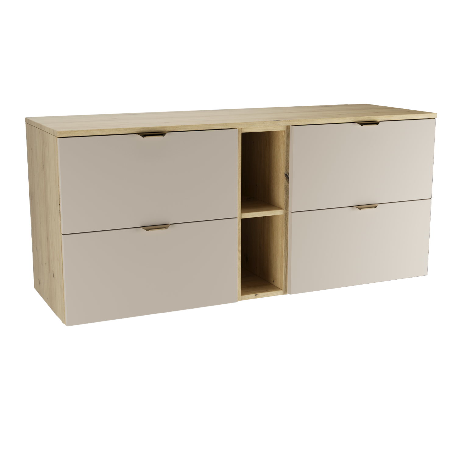 Wandhängender Waschtischunterschrank Orio 140 cm im modernen Premium-Design mit Schubladen und gebürsteten goldfarbenen Metallgriffen.