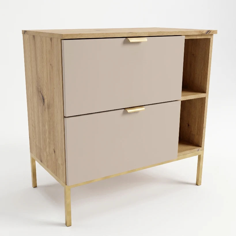 Waschtischunterschrank Orio 80 cm in Kaschmir und Eiche Artisan mit Metallgestell und Regal, zwei Soft-Close-Schubladen für moderne Badezimmer
