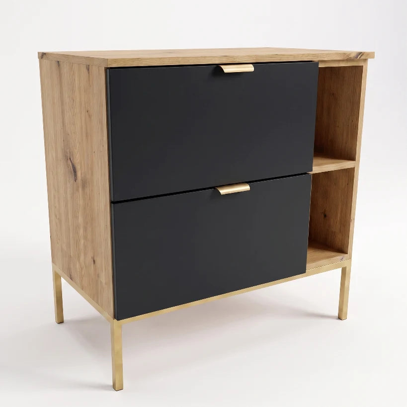 Waschtischunterschrank Orio 80 cm in Schwarz und Eiche Artisan mit Metallgestell und Regal, zwei Soft-Close-Schubladen für moderne Badezimmer