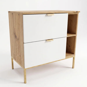 Waschtischunterschrank Orio 80 cm in Weiß und Eiche Artisan mit Metallgestell und Regal, zwei Soft-Close-Schubladen für moderne Badezimmer