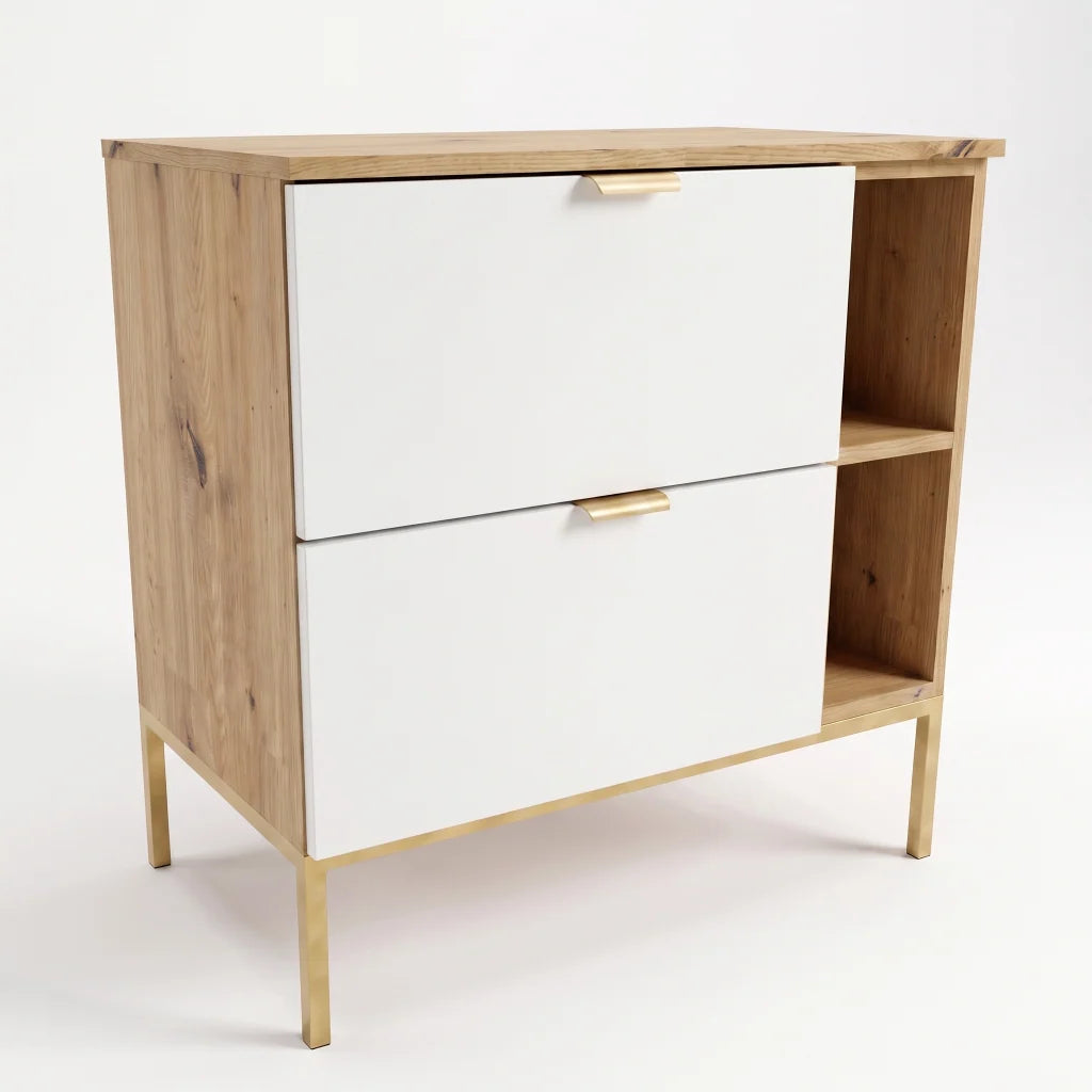 Waschtischunterschrank Orio 80 cm in Weiß und Eiche Artisan mit Metallgestell und Regal, zwei Soft-Close-Schubladen für moderne Badezimmer