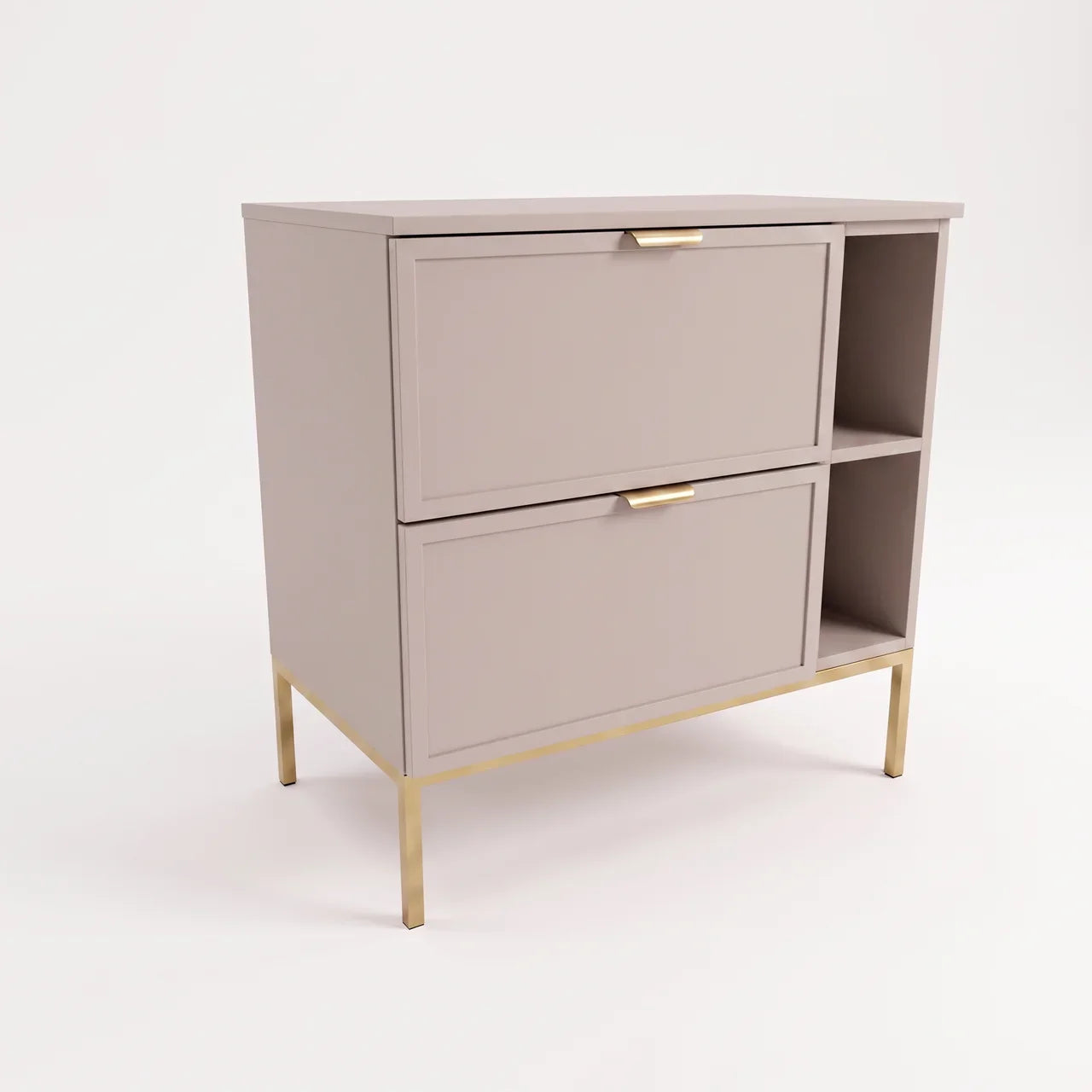Kaschmirfarbener Waschtischunterschrank Roma 80 cm mit Metallgestell und Regal, zwei Soft-Close-Schubladen und dekorativen Rahmenfronten