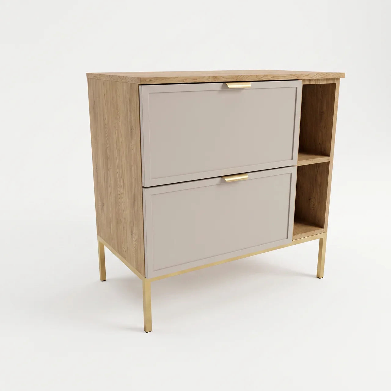 Waschtischunterschrank Roma 80 cm in Kaschmir und Eiche Cremona mit Metallgestell und Regal, zwei Soft-Close-Schubladen und dekorativen Rahmenfronten