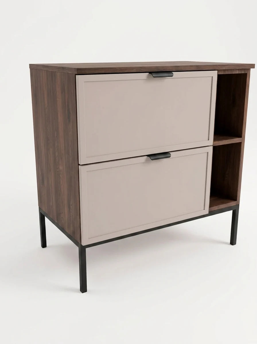 Waschtischunterschrank Roma 80 cm mit Regal auf Metallgestell in Kaschmir/Walnuss Dunkel mit zwei Schubladen und offenem Regal.