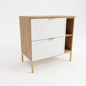 Waschtischunterschrank Roma 80 cm in Weiß und Eiche Cremona mit Metallgestell und Regal, zwei Soft-Close-Schubladen und dekorativen Rahmenfronten