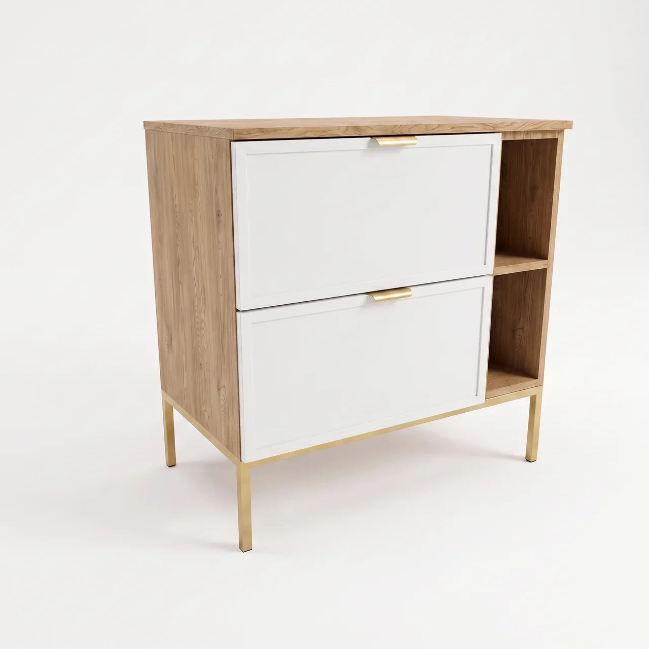 Waschtischunterschrank Roma 80 cm in Weiß und Eiche Cremona mit Metallgestell und Regal, zwei Soft-Close-Schubladen und dekorativen Rahmenfronten
