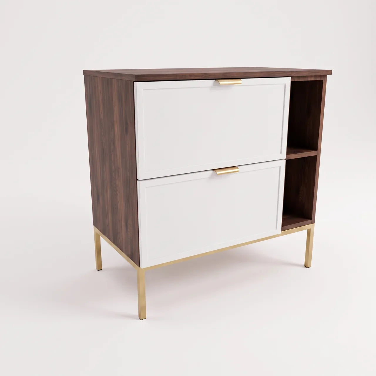 Waschtischunterschrank Roma 80 cm in Weiß und Walnuss Dunkel mit Metallgestell und Regal, zwei Soft-Close-Schubladen und dekorativen Rahmenfronten