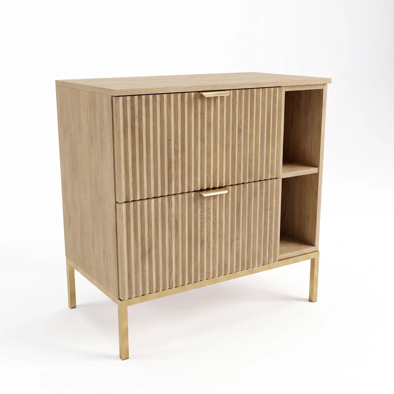 Waschtischunterschrank Willy 80 cm in Eiche Cremona mit Metallgestell und Regal, zwei Soft-Close-Schubladen und geriffelten Fronten für moderne Badezimmer