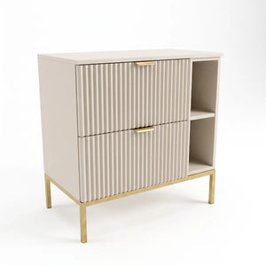 Kaschmirfarbener Waschtischunterschrank Willy 80 cm mit Metallgestell und Regal, zwei Soft-Close-Schubladen und geriffelten Fronten für moderne Badezimmer