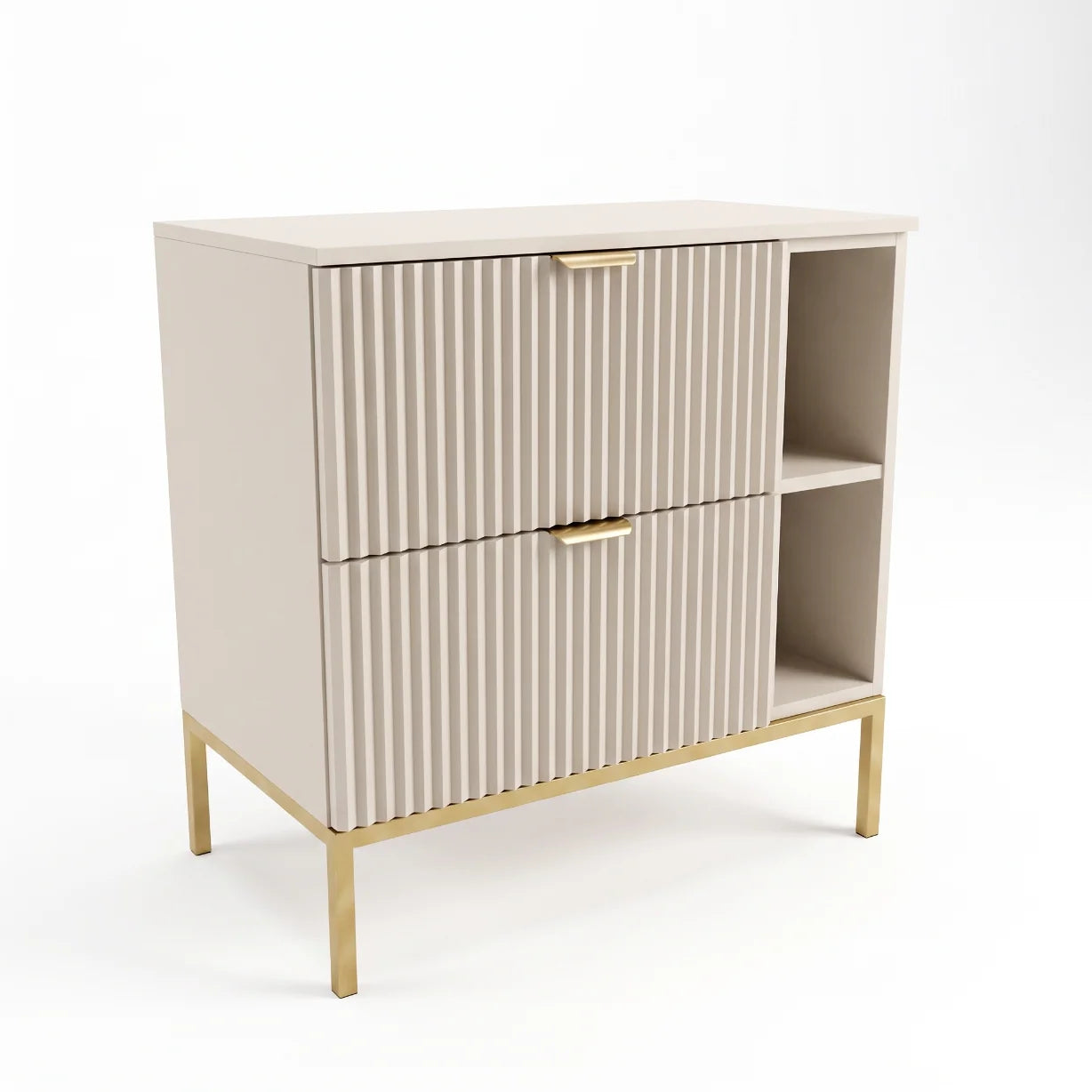 Kaschmirfarbener Waschtischunterschrank Willy 80 cm mit Metallgestell und Regal, zwei Soft-Close-Schubladen und geriffelten Fronten für moderne Badezimmer