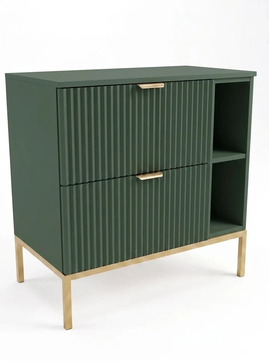 Salbeigrüner Waschtischunterschrank Willy 80 cm mit Metallgestell und Regal, zwei Soft-Close-Schubladen und geriffelten Fronten für moderne Badezimmer