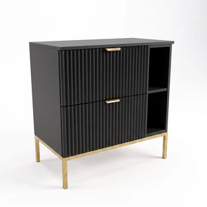 Schwarzer Waschtischunterschrank Willy 80 cm mit Metallgestell und Regal, zwei Soft-Close-Schubladen und geriffelten Fronten für moderne Badezimmer