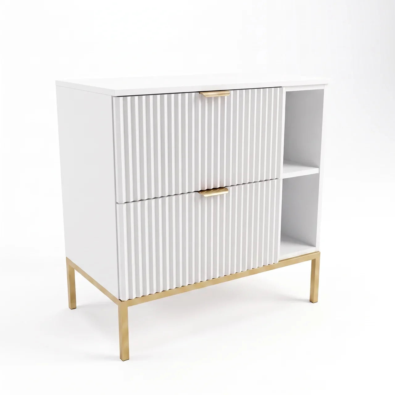 Weißer Waschtischunterschrank Willy 80 cm mit Metallgestell und Regal, zwei Soft-Close-Schubladen und geriffelten Fronten für moderne Badezimmer