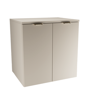 Waschtischunterschrank Orio 60 cm in Kaschmir mit zwei Türen, glatten Fronten, Soft-Close, Einlegeboden und Metallgriffen in gebürstetem Gold, inklusive Waschtischplatte.