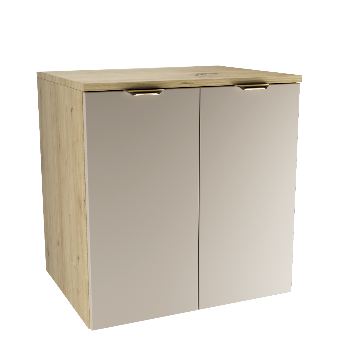 Waschtischunterschrank Orio 60 cm mit kaschmirfarbenen Fronten, Korpus und Waschtischplatte in Eiche Artisan, zwei Türen mit Soft-Close und Metallgriffen.