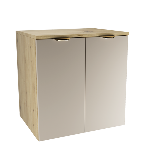 Waschtischunterschrank Orio 60 cm mit kaschmirfarbenen Fronten, Korpus und Waschtischplatte in Eiche Artisan, zwei Türen mit Soft-Close und Metallgriffen.