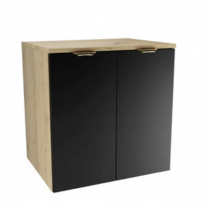 Waschtischunterschrank Orio 60 cm mit zwei Türen, schwarzen Fronten und Korpus in Eiche Artisan, modernes Badezimmermöbel.