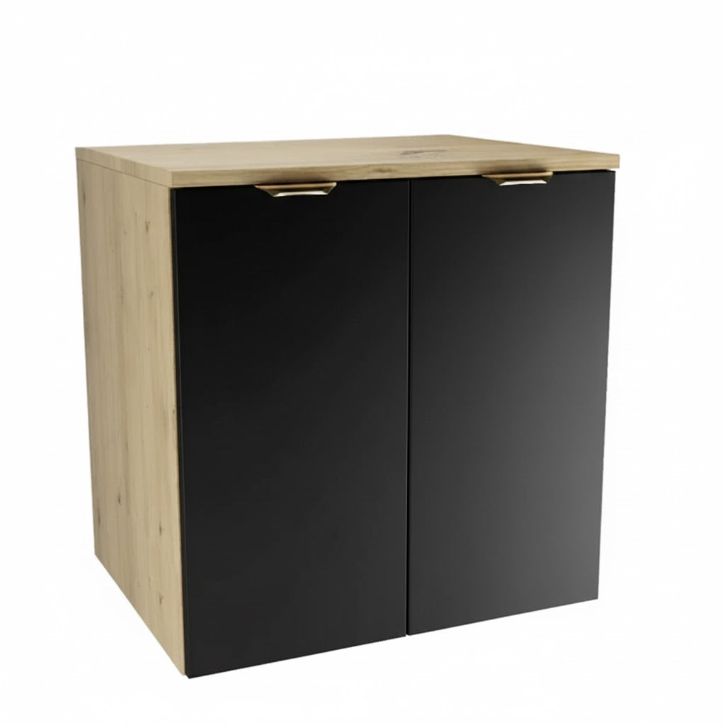 Waschtischunterschrank Orio 60 cm mit zwei Türen, schwarzen Fronten und Korpus in Eiche Artisan, modernes Badezimmermöbel.