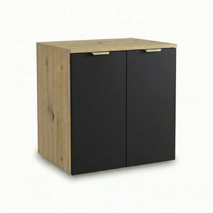 Waschtischunterschrank Orio 60 cm in Schwarz/Eiche Artisan – wandhängender Unterschrank mit 2 Türen, Innenablage, Soft-Close-System, mattierte Fronten, goldene Metallgriffe, kompakt und funktional für moderne Badezimmer.
