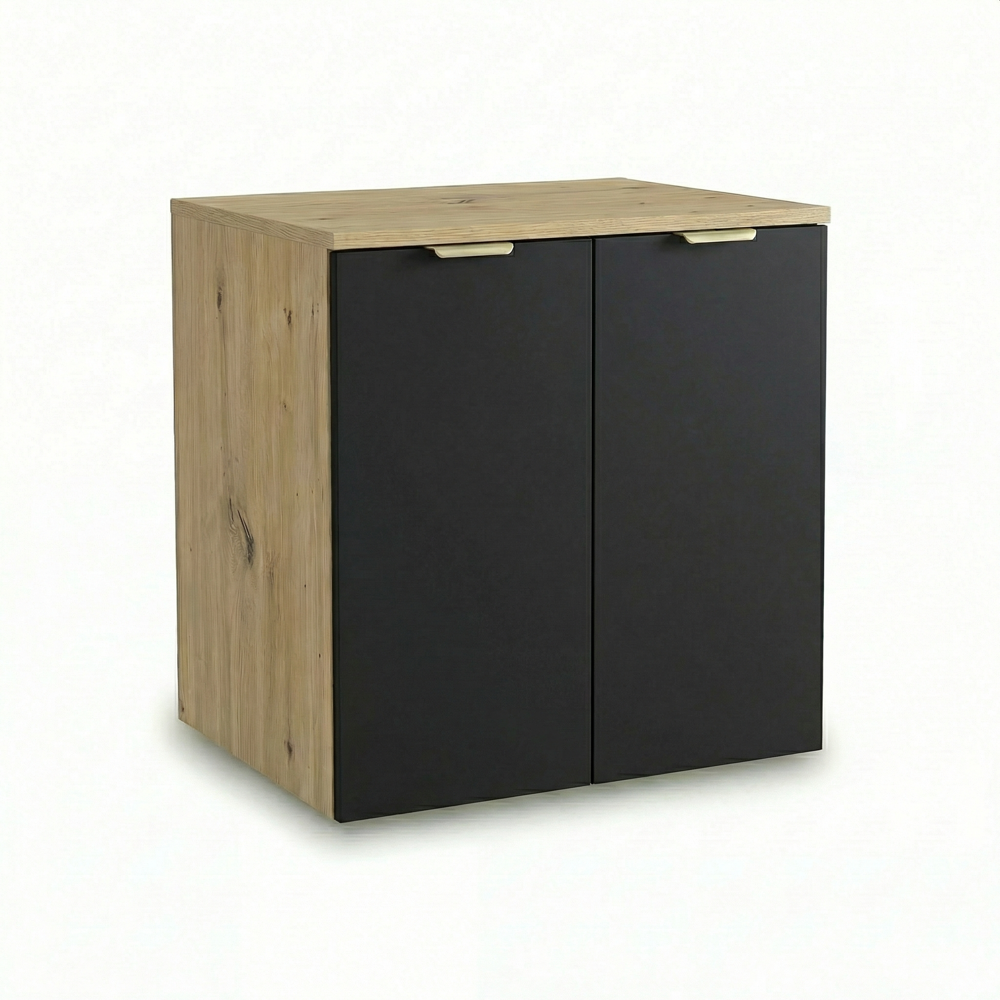 Waschtischunterschrank Orio 60 cm in Schwarz/Eiche Artisan – wandhängender Unterschrank mit 2 Türen, Innenablage, Soft-Close-System, mattierte Fronten, goldene Metallgriffe, kompakt und funktional für moderne Badezimmer.